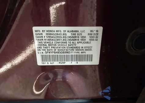 2016 Honda Pilot Ex-L z USA, uszkodzony, nr VIN 5FNYF6H85GB096511